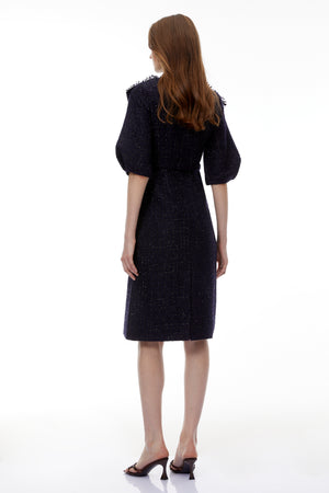 Aurohaya Demetria Blue Tweed Midi Dress with Bow