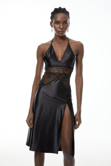 Aurohaya Denisa Black Lace Panel Midi Dress