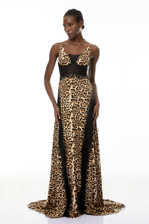 Aurohaya Denisa Brown Leopard Print Maxi Dress