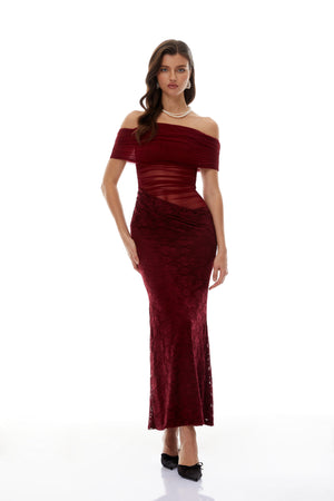 Aurohaya Dianthe Red Lace Panel Mesh Midi Dress