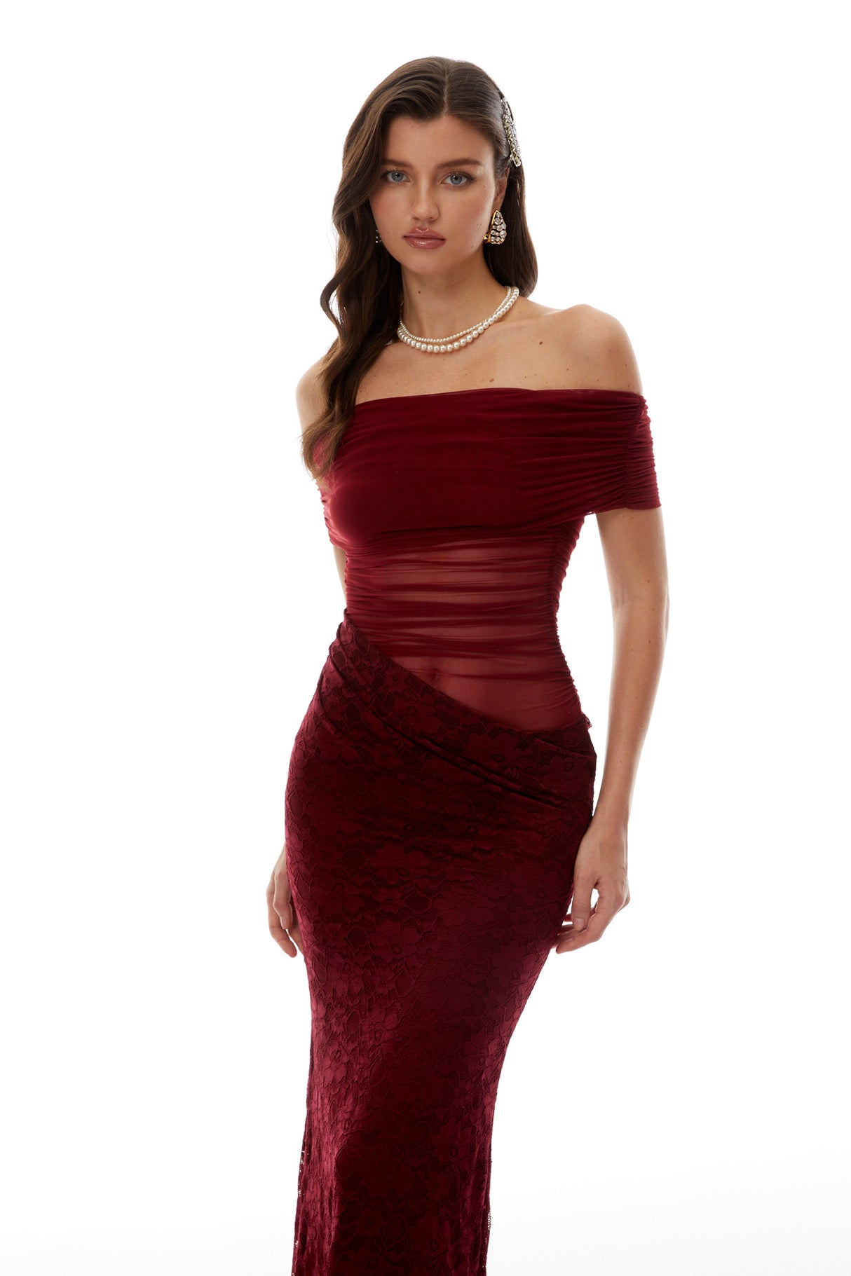 Aurohaya Dianthe Red Lace Panel Mesh Midi Dress