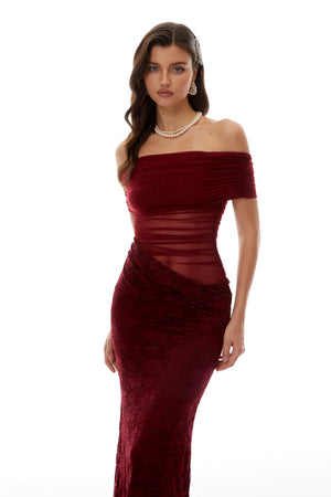 Aurohaya Dianthe Red Lace Panel Mesh Midi Dress