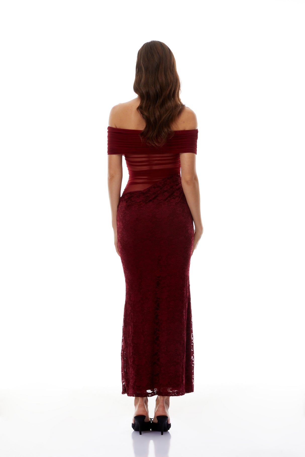 Aurohaya Dianthe Red Lace Panel Mesh Midi Dress