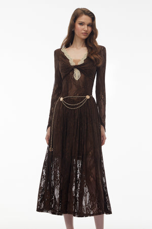 Aurohaya Dione Brown Floral Lace Twist Midi Dress