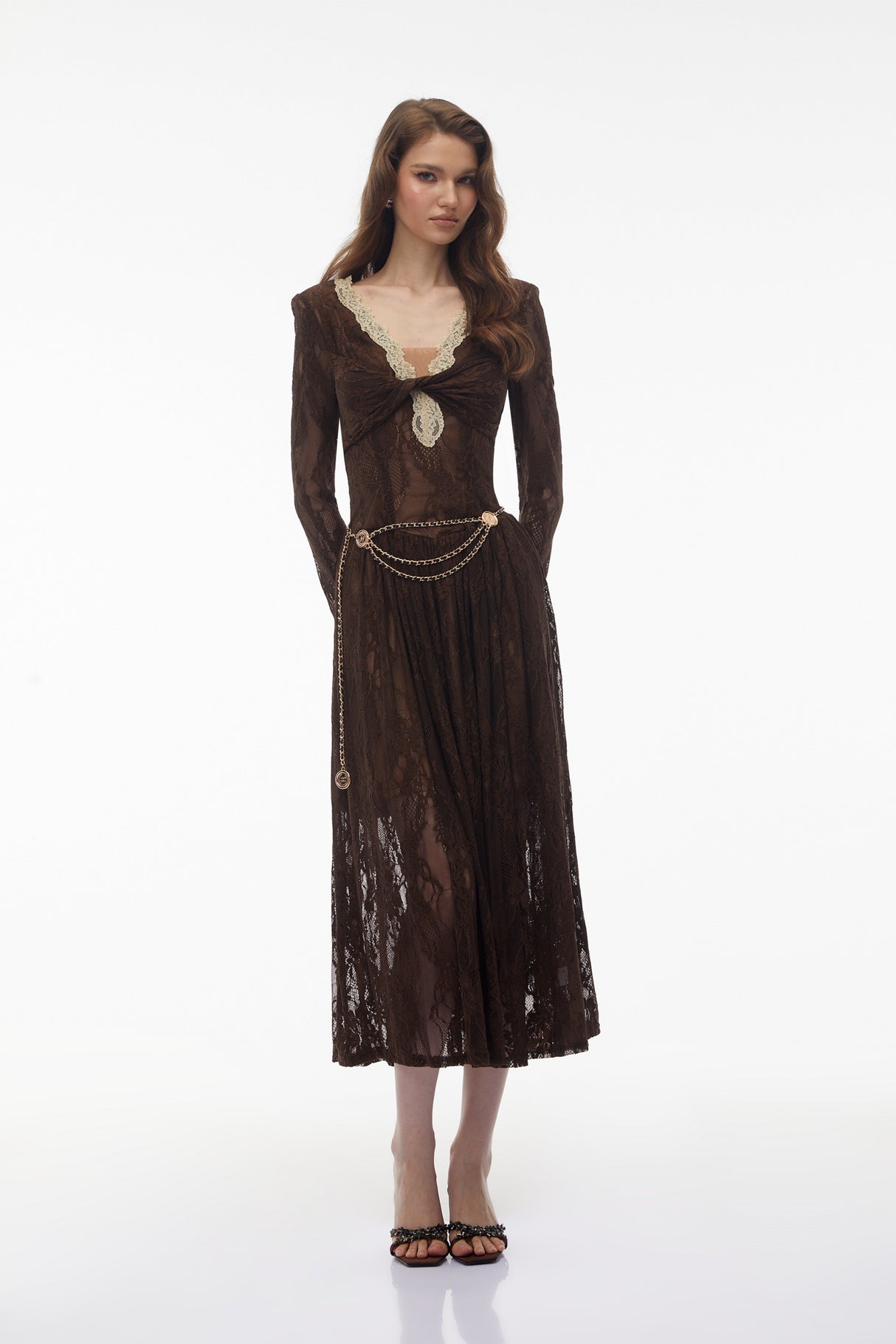 Aurohaya Dione Brown Floral Lace Twist Midi Dress