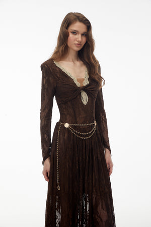 Aurohaya Dione Brown Floral Lace Twist Midi Dress