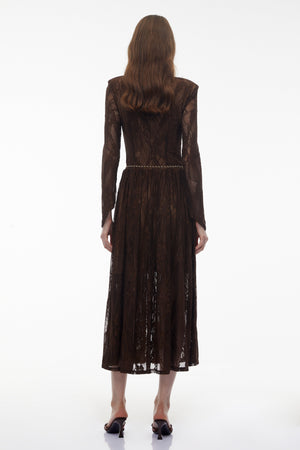 Aurohaya Dione Brown Floral Lace Twist Midi Dress