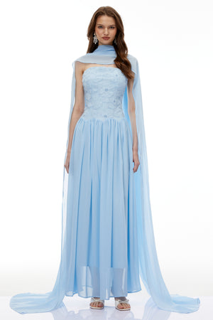 Aurohaya Dobromila Blue Floral Embroidered Pleated Maxi Dress