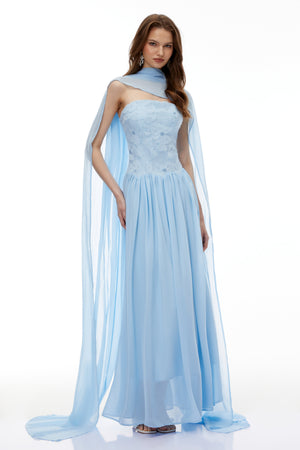Aurohaya Dobromila Blue Floral Embroidered Pleated Maxi Dress
