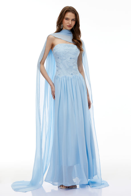 Aurohaya Dobromila Blue Floral Embroidered Pleated Maxi Dress
