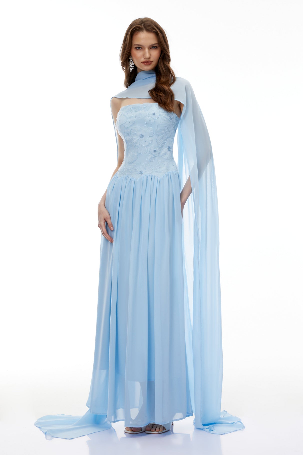 Aurohaya Dobromila Blue Floral Embroidered Pleated Maxi Dress