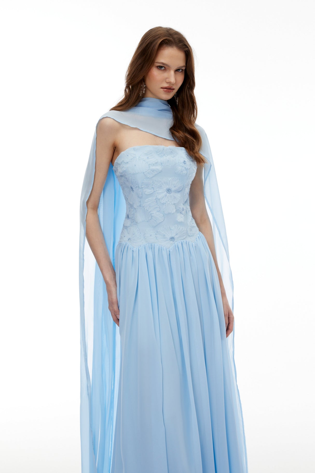 Aurohaya Dobromila Blue Floral Embroidered Pleated Maxi Dress