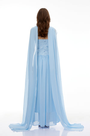 Aurohaya Dobromila Blue Floral Embroidered Pleated Maxi Dress