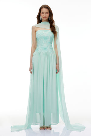 Aurohaya Dobromila Green Floral Embroidered Pleated Maxi Dress
