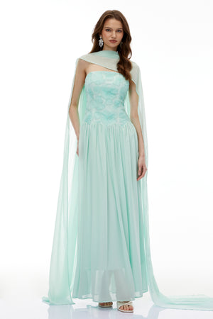 Aurohaya Dobromila Green Floral Embroidered Pleated Maxi Dress