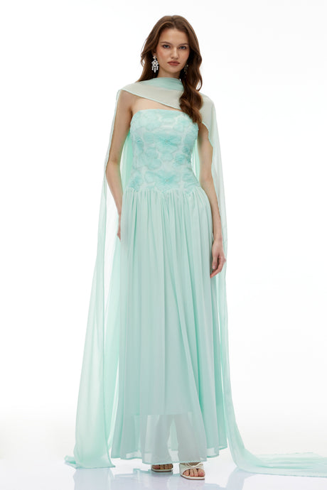 Aurohaya Dobromila Green Floral Embroidered Pleated Maxi Dress