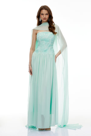 Aurohaya Dobromila Green Floral Embroidered Pleated Maxi Dress