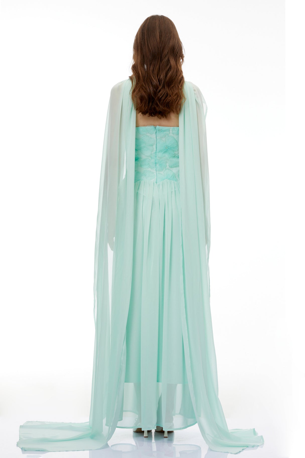 Aurohaya Dobromila Green Floral Embroidered Pleated Maxi Dress