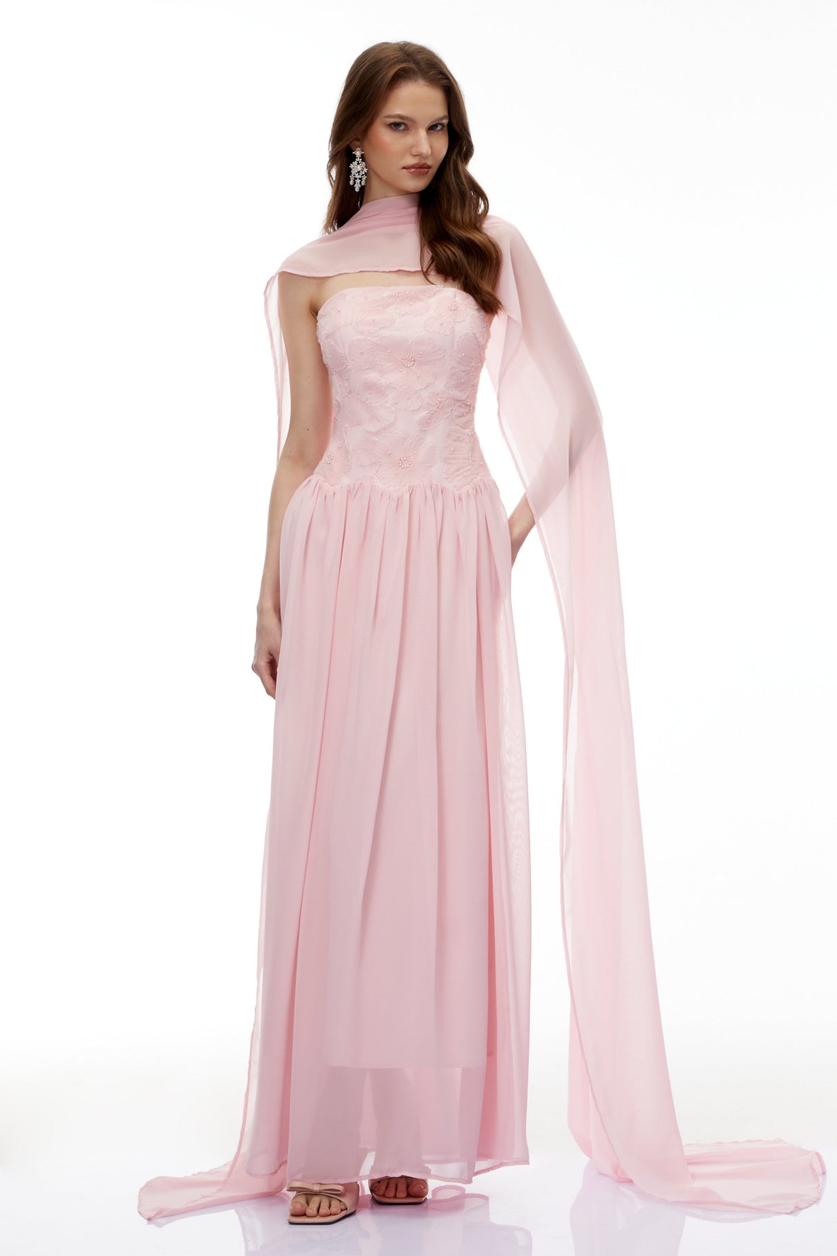 Aurohaya Dobromila Pink Floral Embroidered Pleated Maxi Dress