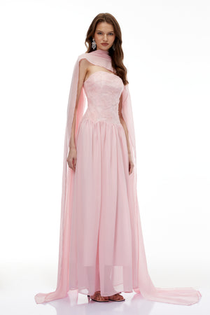 Aurohaya Dobromila Pink Floral Embroidered Pleated Maxi Dress