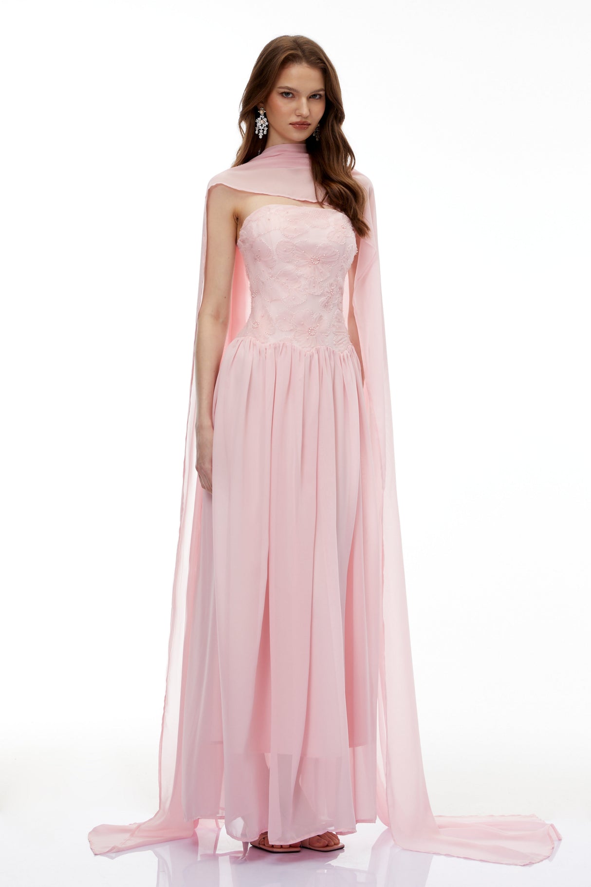 Aurohaya Dobromila Pink Floral Embroidered Pleated Maxi Dress