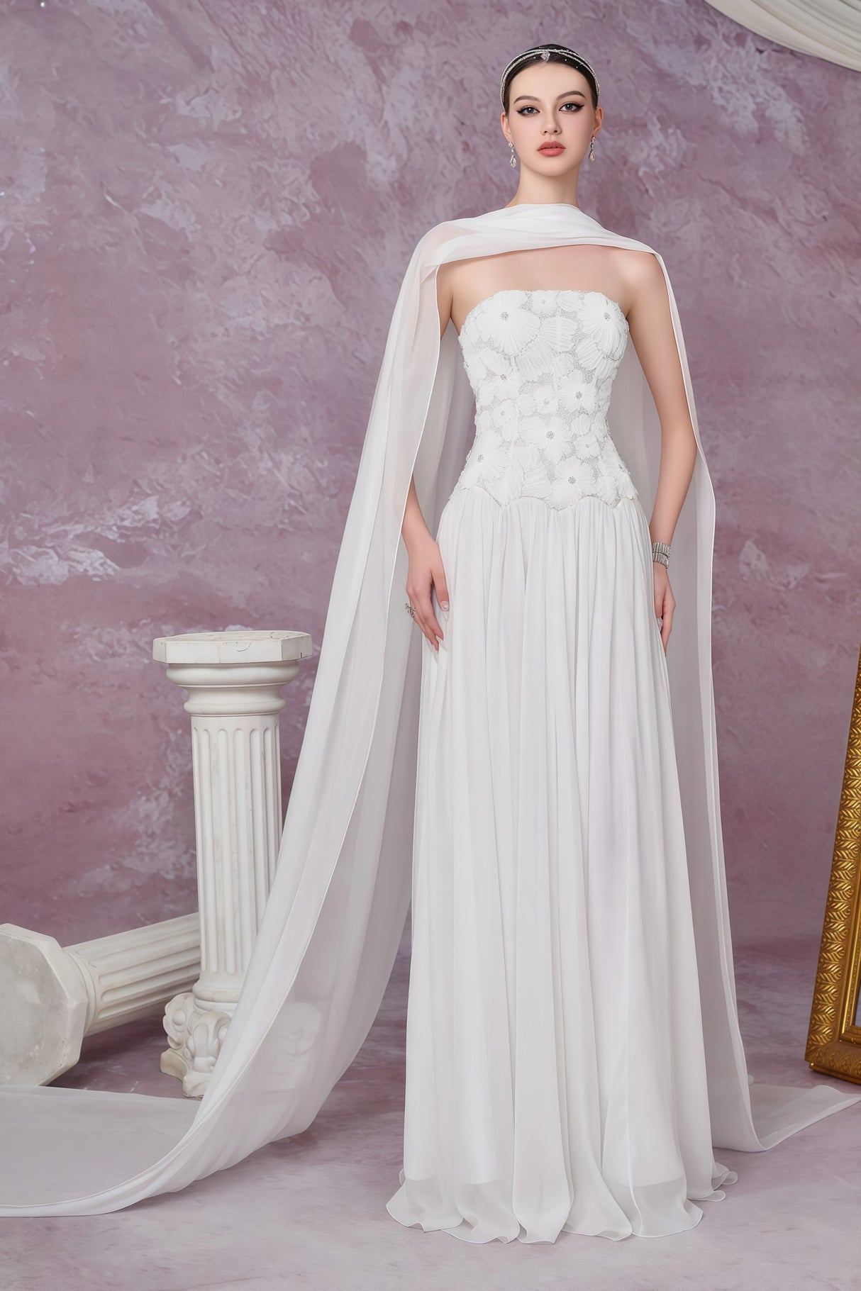 Aurohaya Dobromila White Floral Embroidered Pleated Maxi Dress