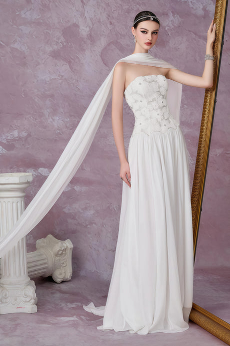 Aurohaya Dobromila White Floral Embroidered Pleated Maxi Dress