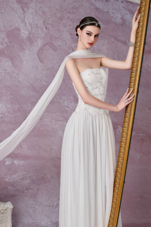 Aurohaya Dobromila White Floral Embroidered Pleated Maxi Dress