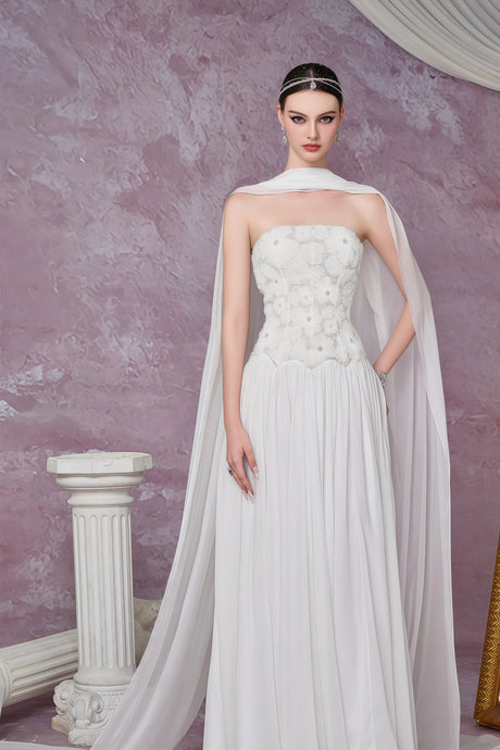 Aurohaya Dobromila White Floral Embroidered Pleated Maxi Dress