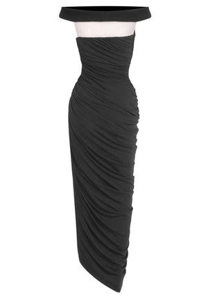 Bardot Draped Mesh Insert Maxi Dress Black