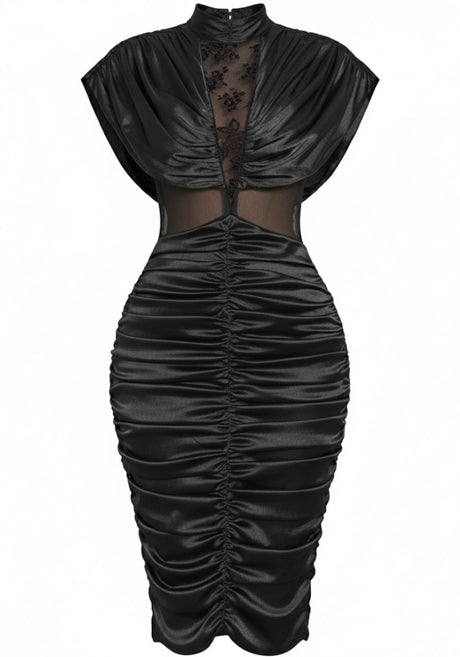 Draped Lace Insert Midi Dress Black
