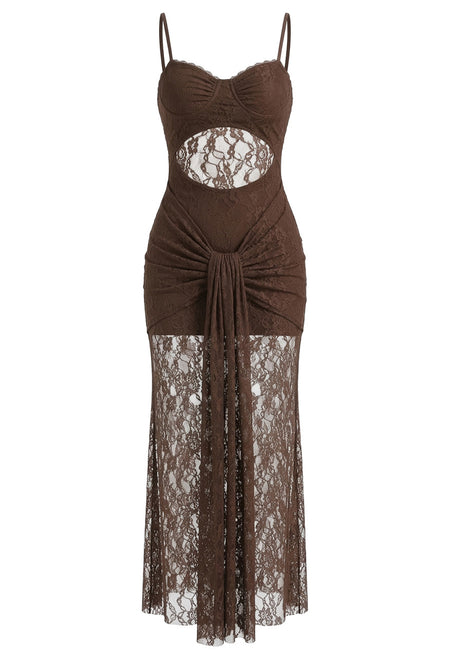 Draped Lace Maxi Dress Brown