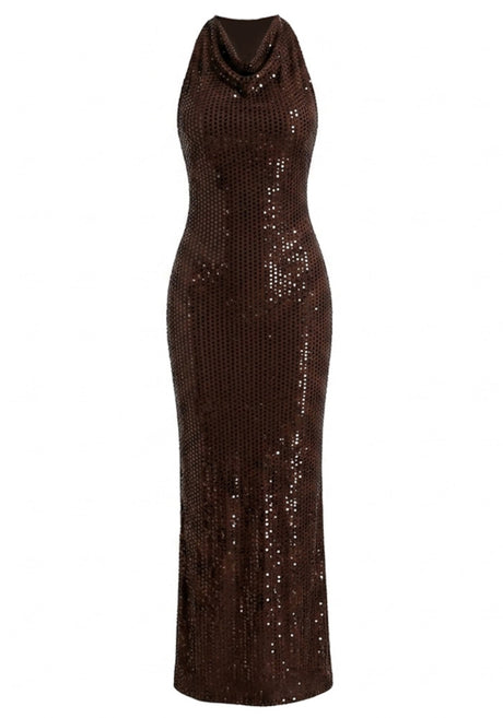 Draped Neckline Sparkly Maxi Dress Brown
