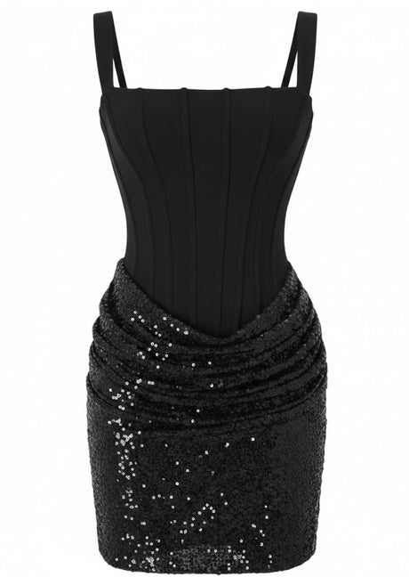 Draped Sequin Corset Dress Black
