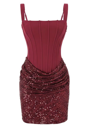Draped Sequin Corset Dress Burgundy