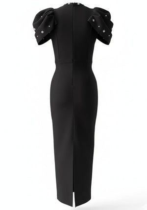 Draped Short Sleeve Crystal Maxi Dress Black