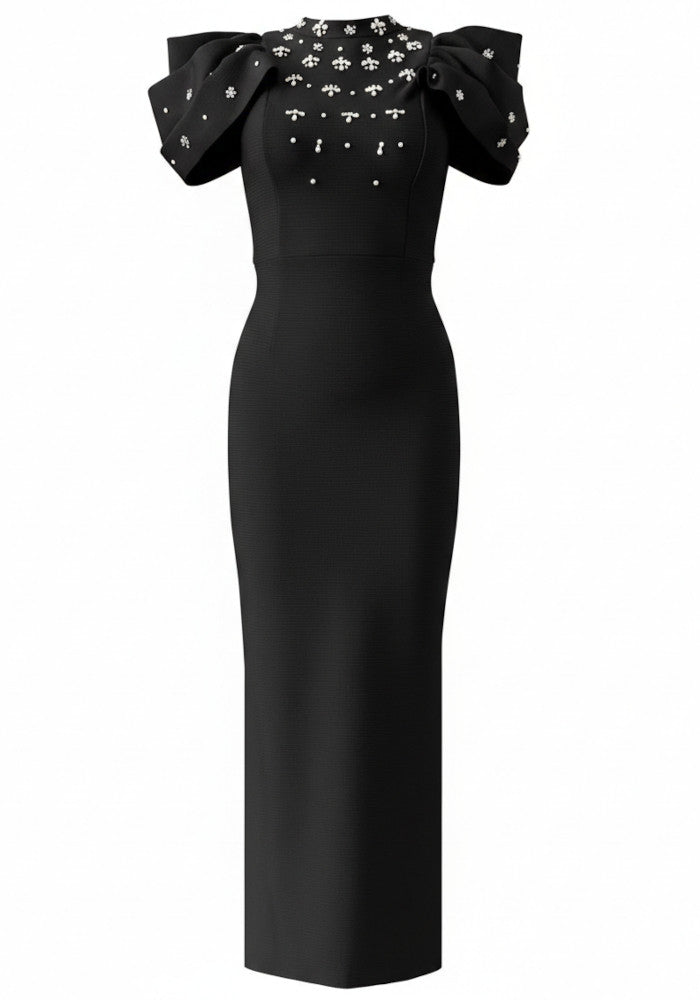 Draped Short Sleeve Crystal Maxi Dress Black