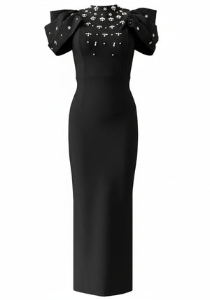 Draped Short Sleeve Crystal Maxi Dress Black