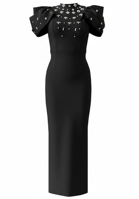 Draped Short Sleeve Crystal Maxi Dress Black