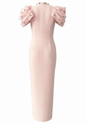 Draped Short Sleeve Crystal Maxi Dress Pink