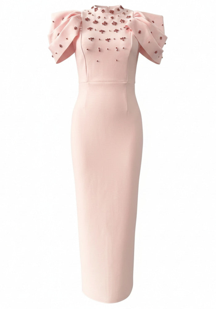 Draped Short Sleeve Crystal Maxi Dress Pink