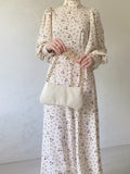 Floral High-Neck Long-Sleeve Loose Tie-Waist Maxi Dress