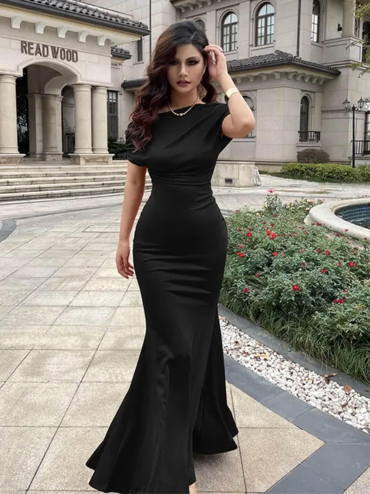 Aurohaya Elegant Sleeveless Off Shoulder Bodycon Long Formal Party Evening Dress Black