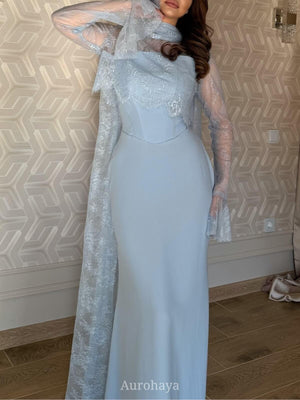 Aurohaya High-Neck Long-Sleeve Lace Maxi Dress, DES103 Blue