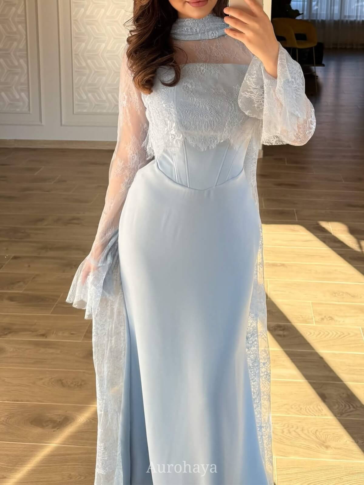 High-Neck Long-Sleeve Lace Maxi Dress, DES103