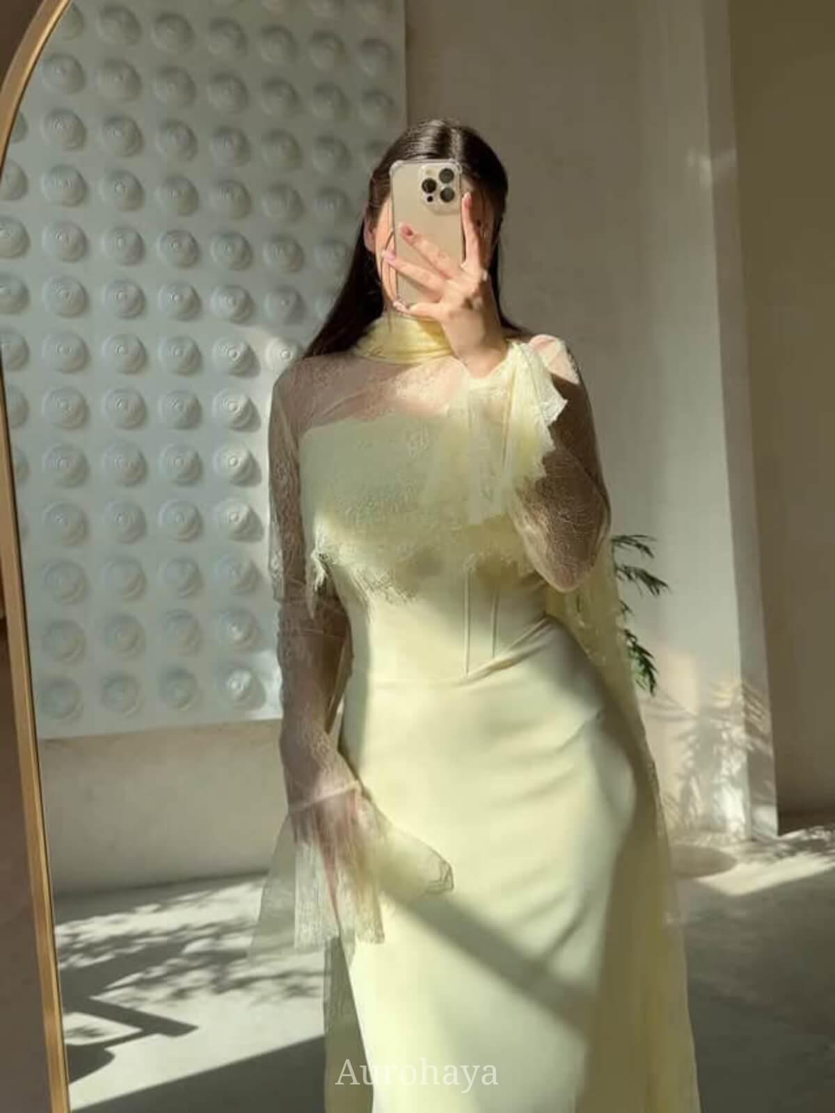 Aurohaya High-Neck Long-Sleeve Lace Maxi Dress, DES103