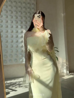 Aurohaya High-Neck Long-Sleeve Lace Maxi Dress, DES103