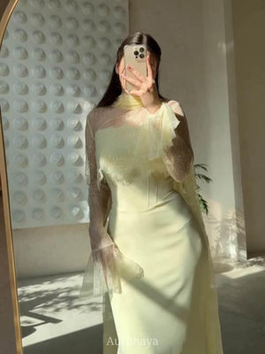 Aurohaya High-Neck Long-Sleeve Lace Maxi Dress, DES103 Yellow