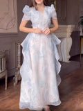 Floral V-Neck Short Sleeves Maxi Dress, DES109