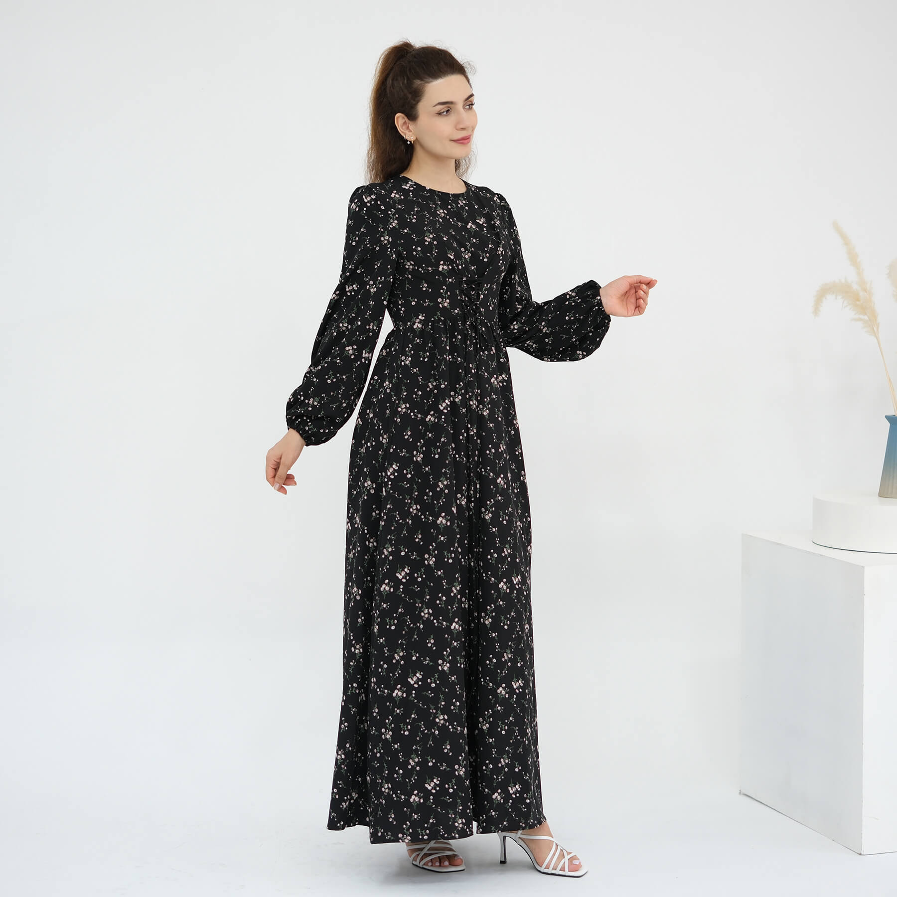 Floral Drawstring‑Waist Maxi Dress - Aurohaya